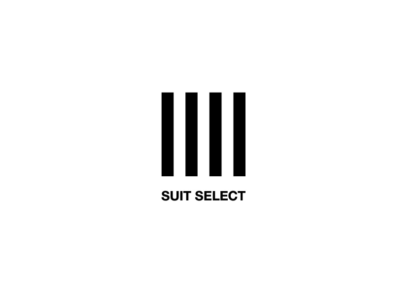 スーツセレクトのロゴ（反転）。
白地に黒文字。縦型のデザインロゴ。